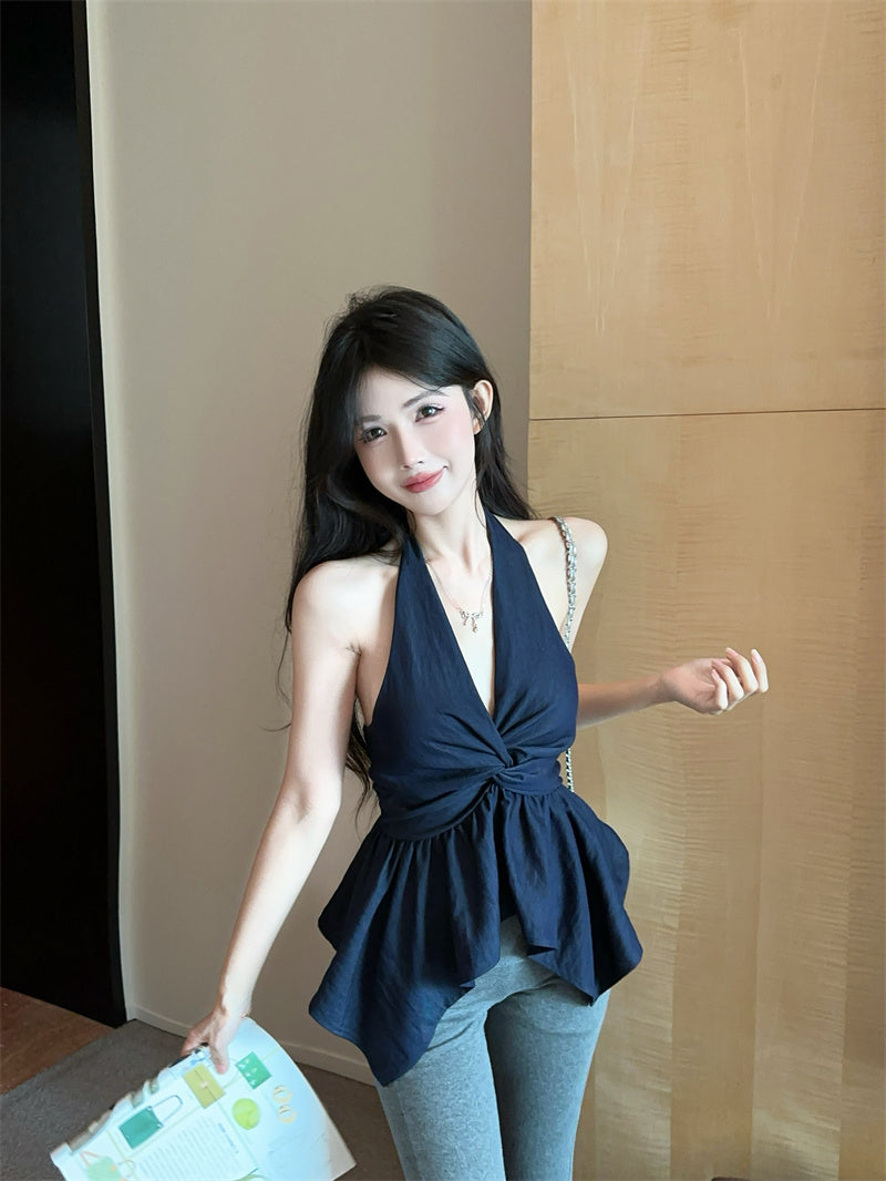 💕氣質深V牛仔掛脖露背顯瘦抹胸背心