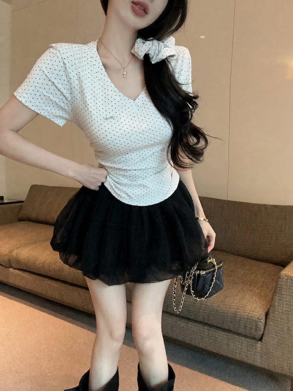 💕氣質星星點點V領短袖上衣
