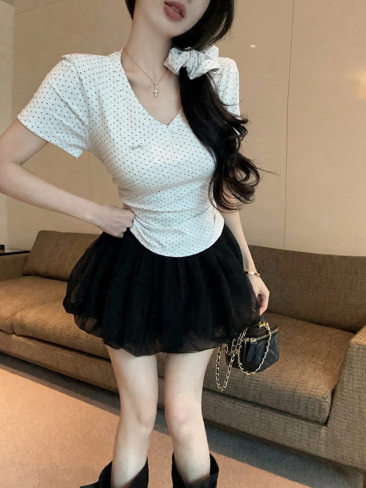 💕氣質星星點點V領短袖上衣