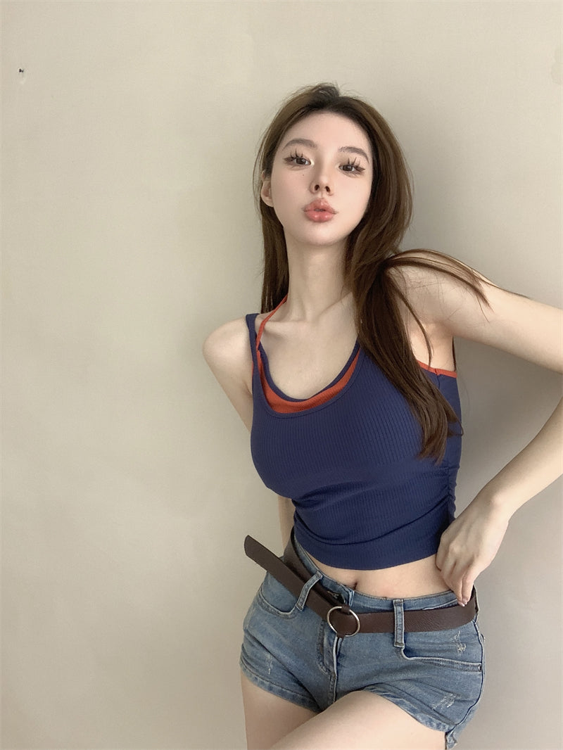 💕春夏熱辣假兩件帶胸墊吊帶背心