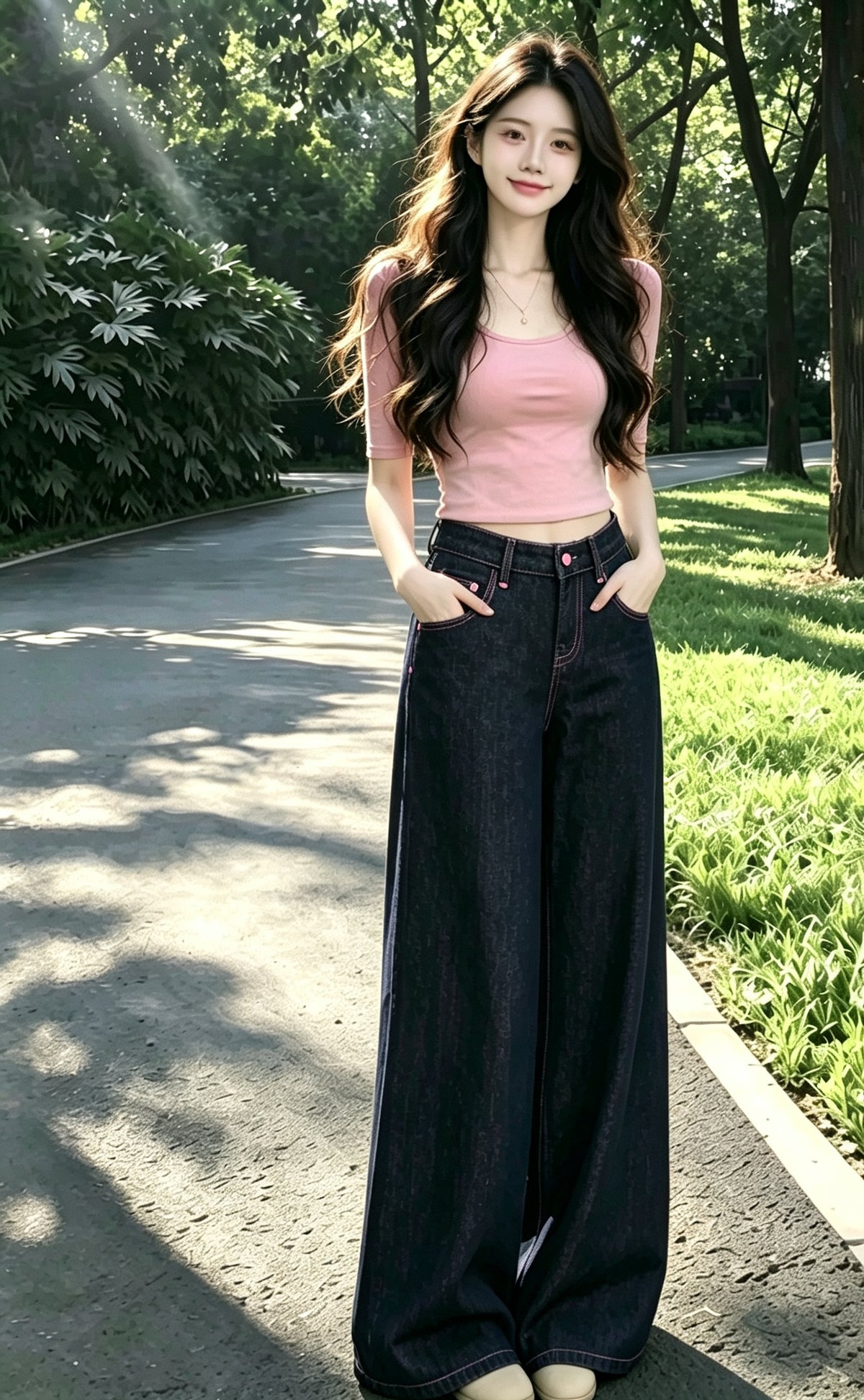 💕氣質設計感粉色線復古闊腿牛仔直口褲