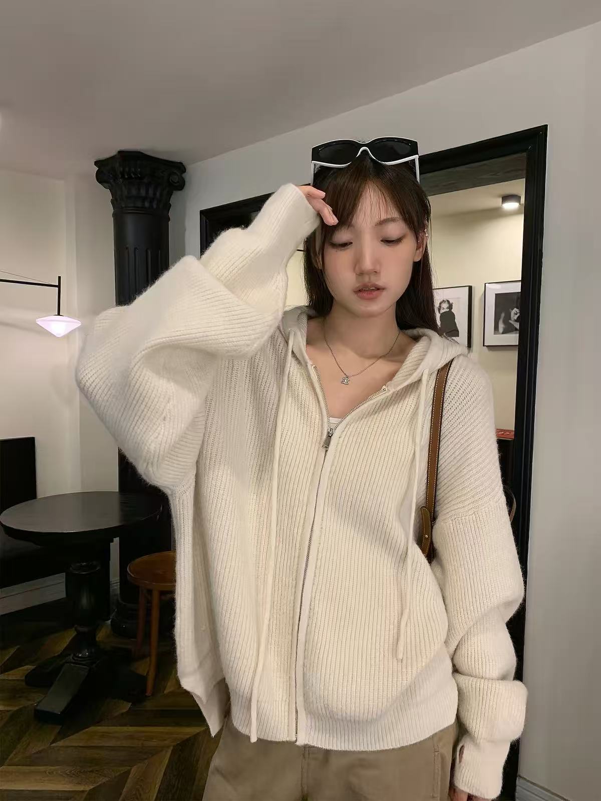 💕韓系慵懶連帽內搭針織拉鍊外套