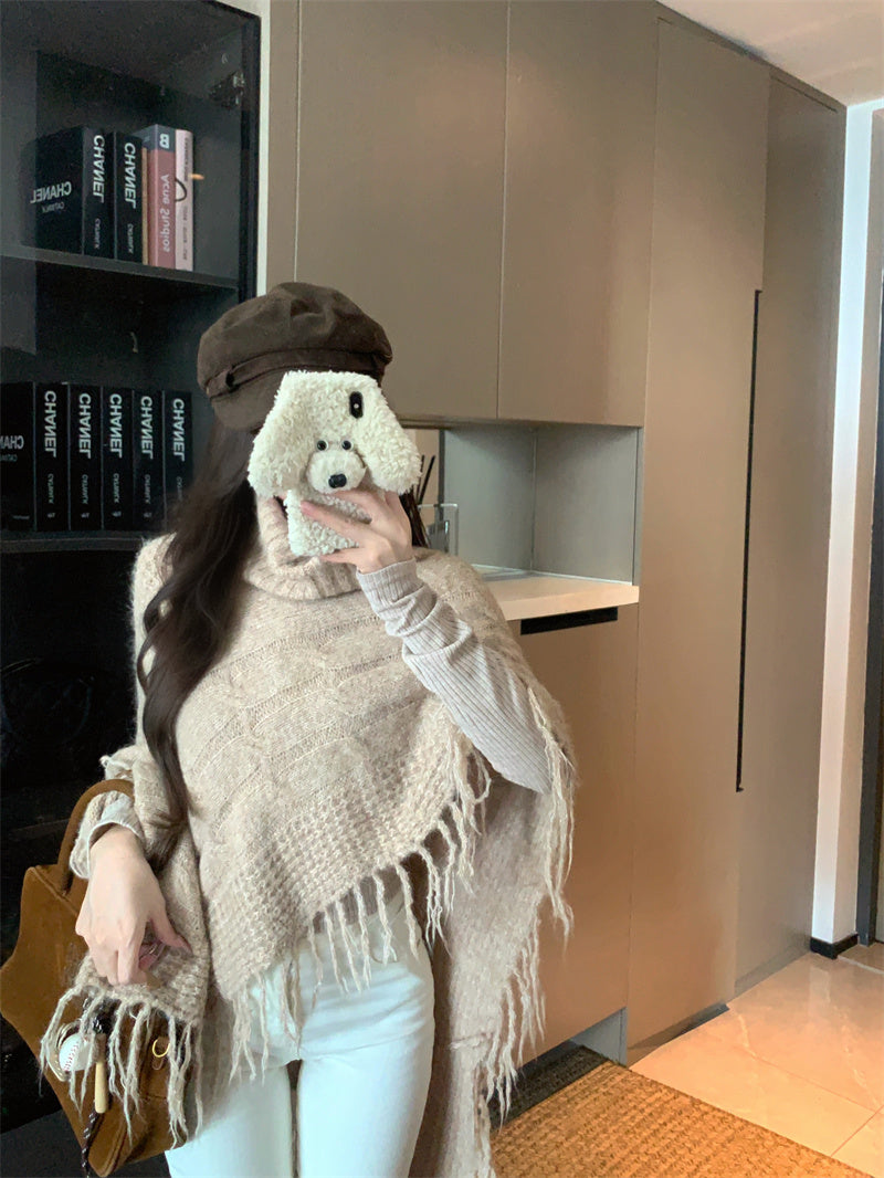 💕法式溫柔斗篷披肩氛圍感高領上衣