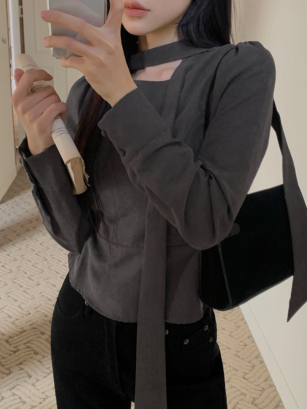 💕ins溫柔飄帶蝴蝶結泡泡袖修身顯瘦上衣