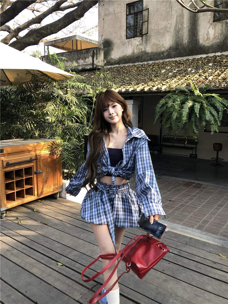 💕藍調風復古格紋襯衫短款褲裙兩件套