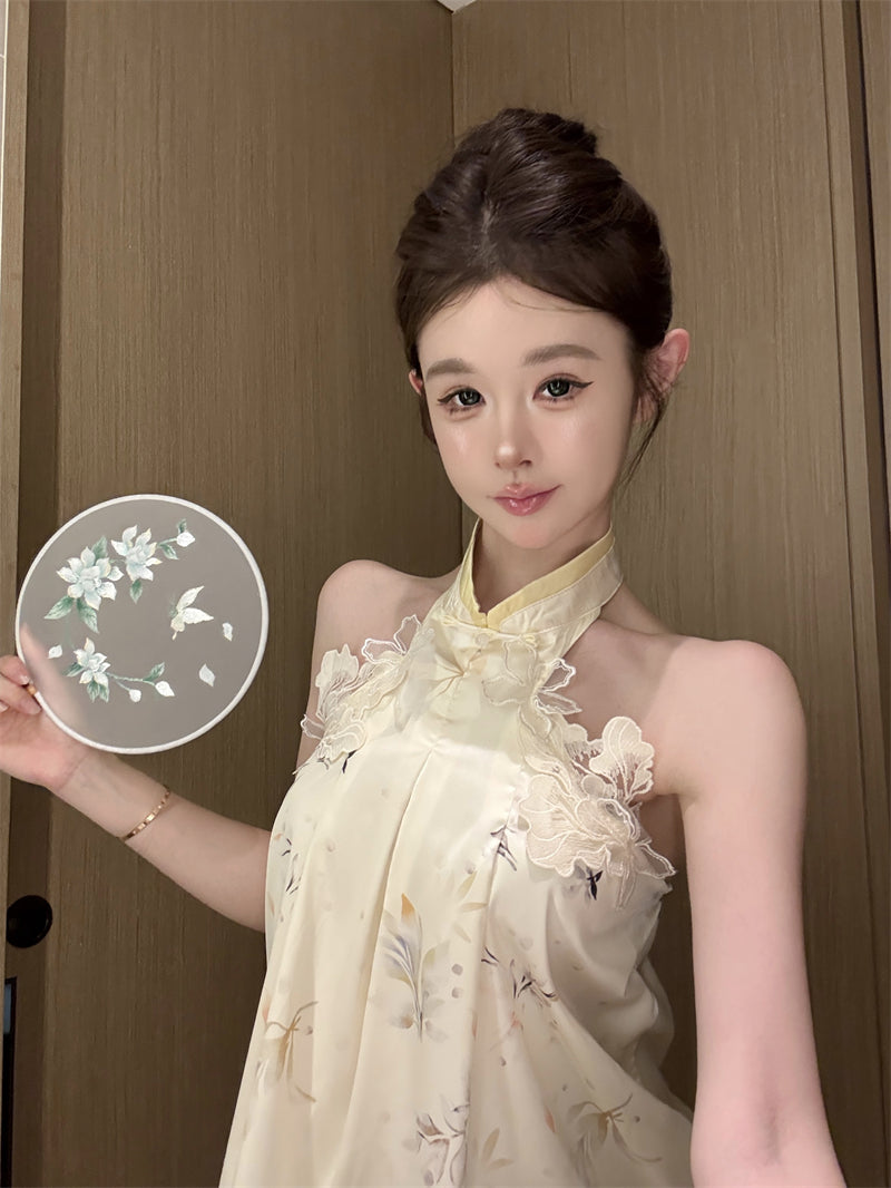 💕新中式千金立體花辮掛脖背心上衣