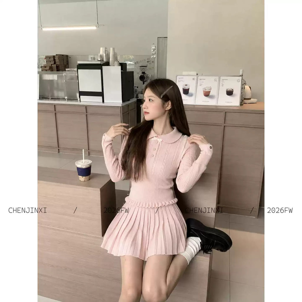 💕chic千金感粉色長袖針織毛衣短裙套裝