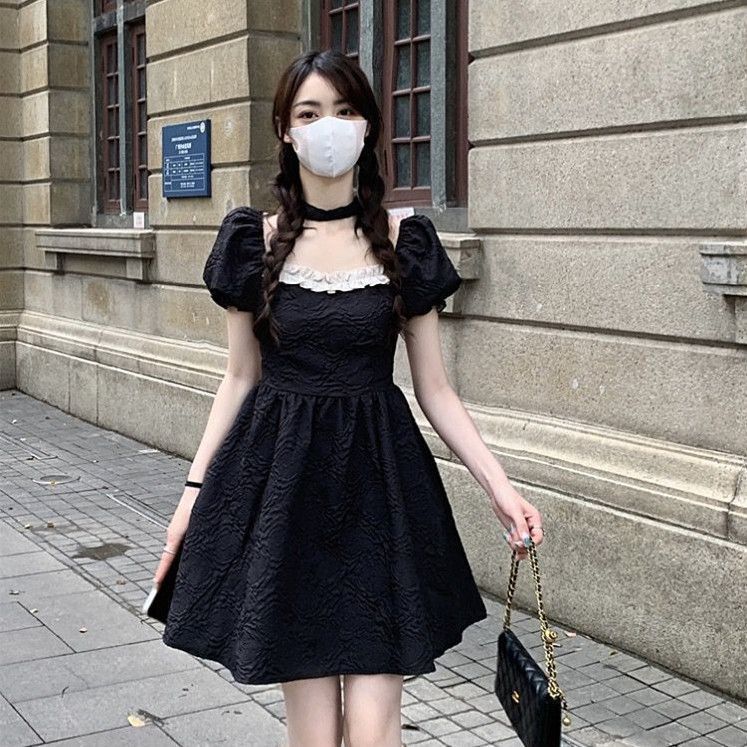 💕方領法式花邊露背蝴蝶結小個子澎澎短裙