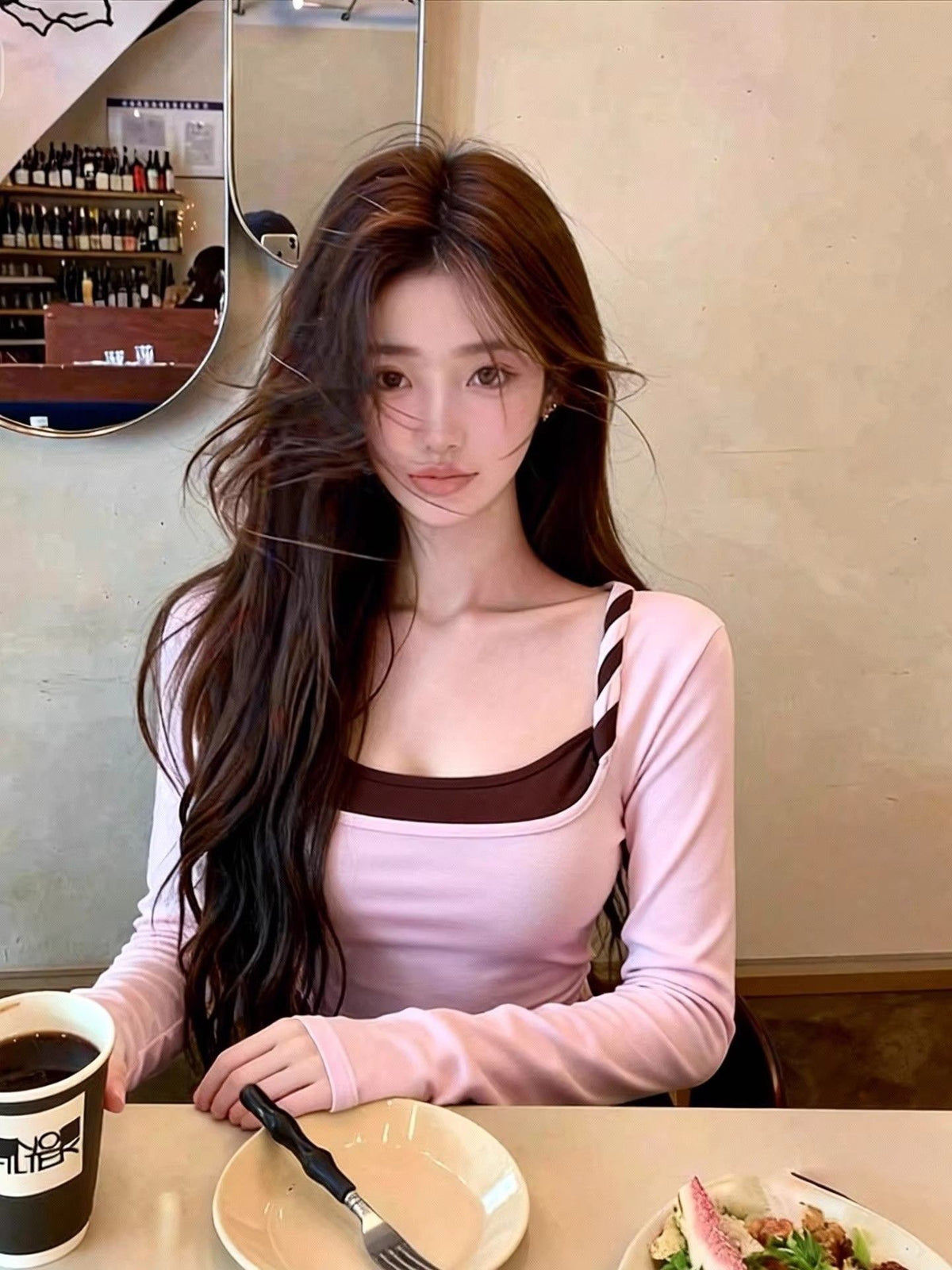 💕春秋法式撞色扭結假兩件修身打底長袖上衣