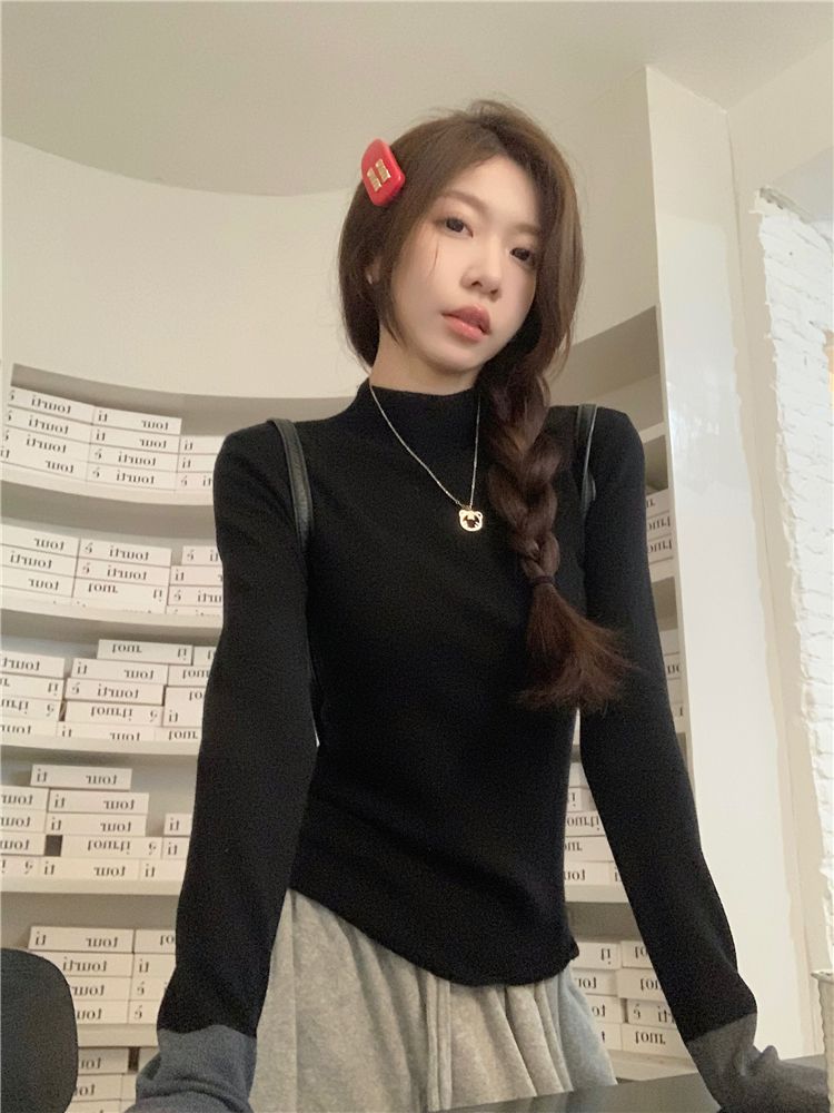 💕通勤百搭撞色長袖針織修身打底上衣