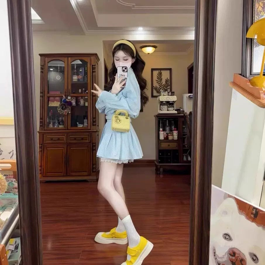 💕春夏小個子收腰有腰帶條紋襯衫連身裙