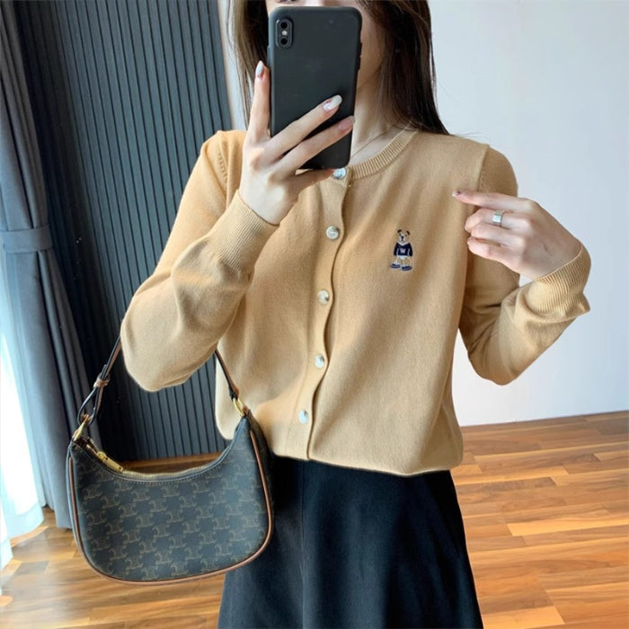 💕美式復古小熊刺繡圓領灰色毛衣外套