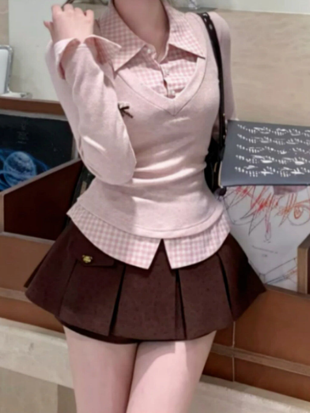💕秋季修身甜美假兩件襯衫上衣+半身裙套裝