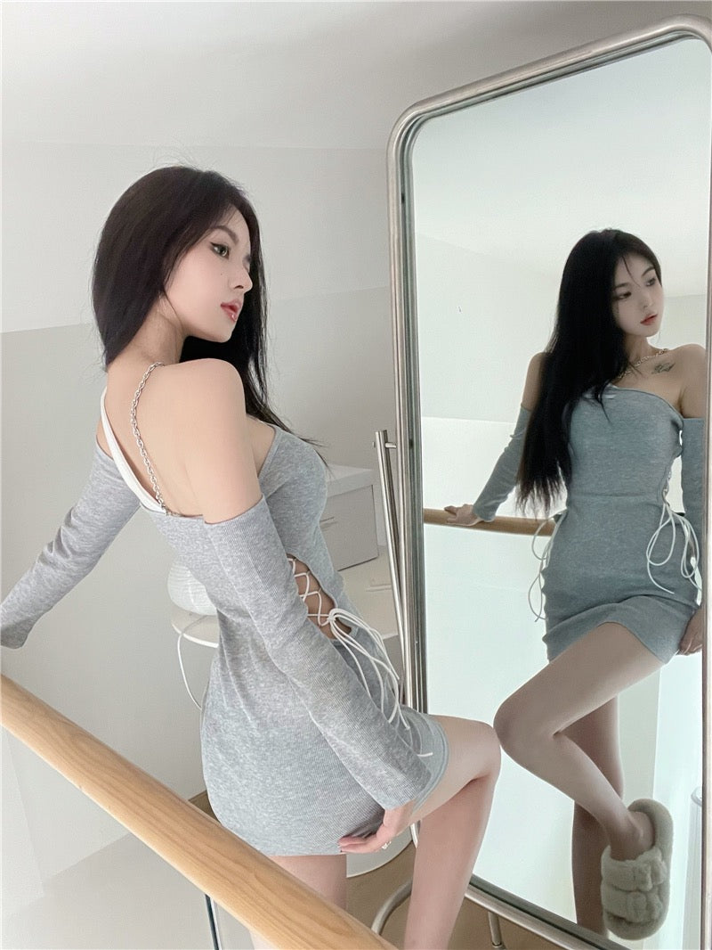 💕chic調皮性感鏤空綁帶露肩顯瘦連衣裙