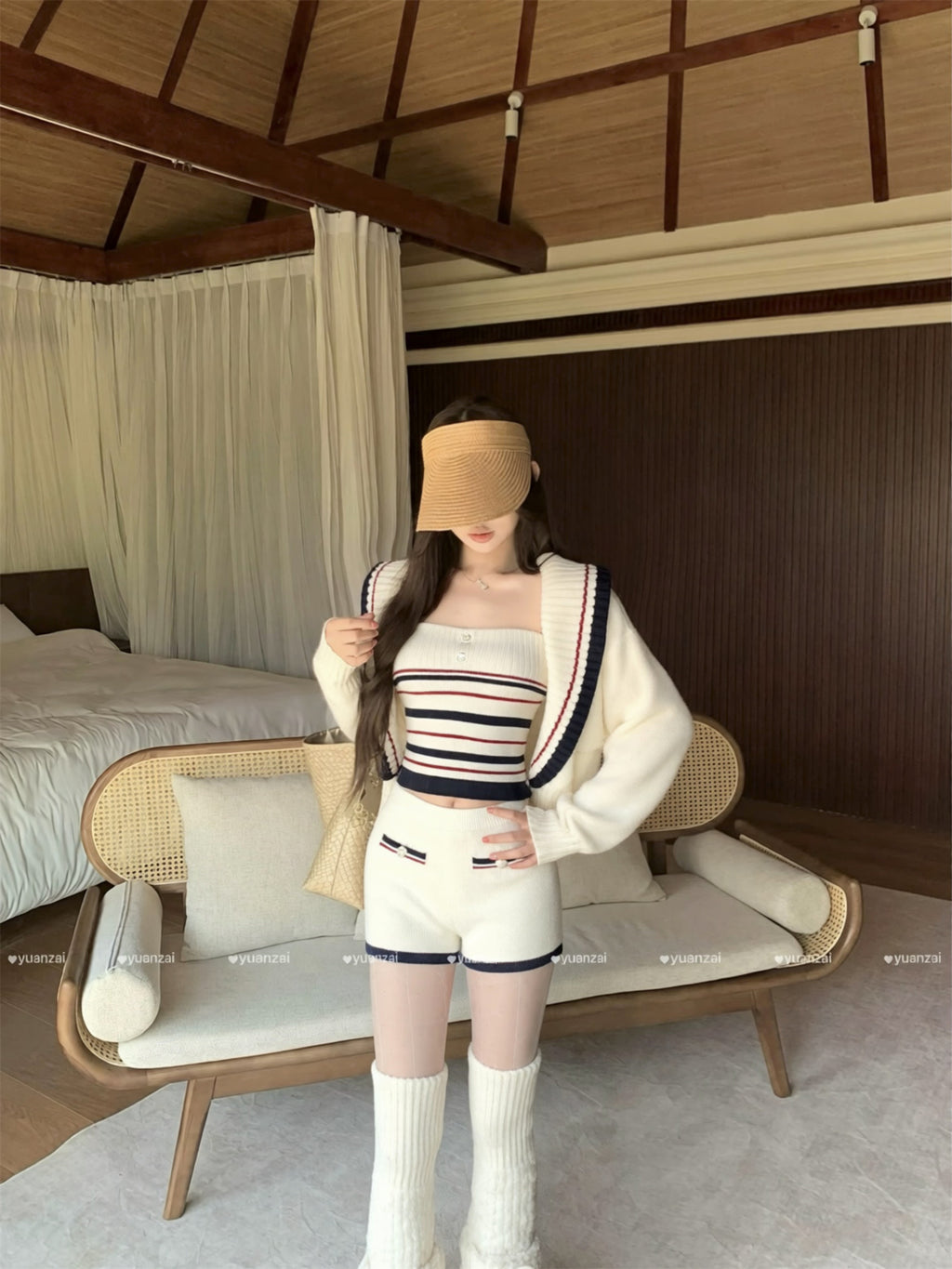 💕休閒慵懶條紋大翻領針織背心三件套