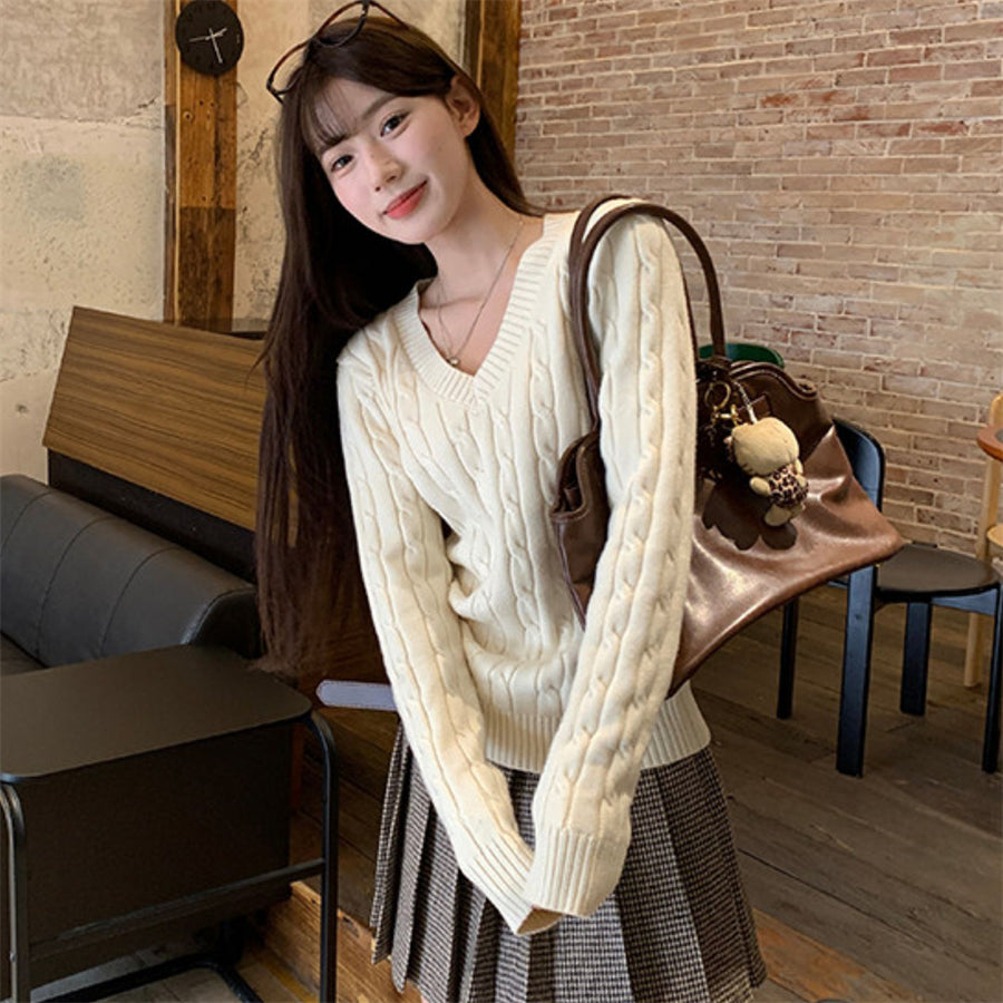 💕韓系慵懶風V領麻花加厚寬鬆毛衣