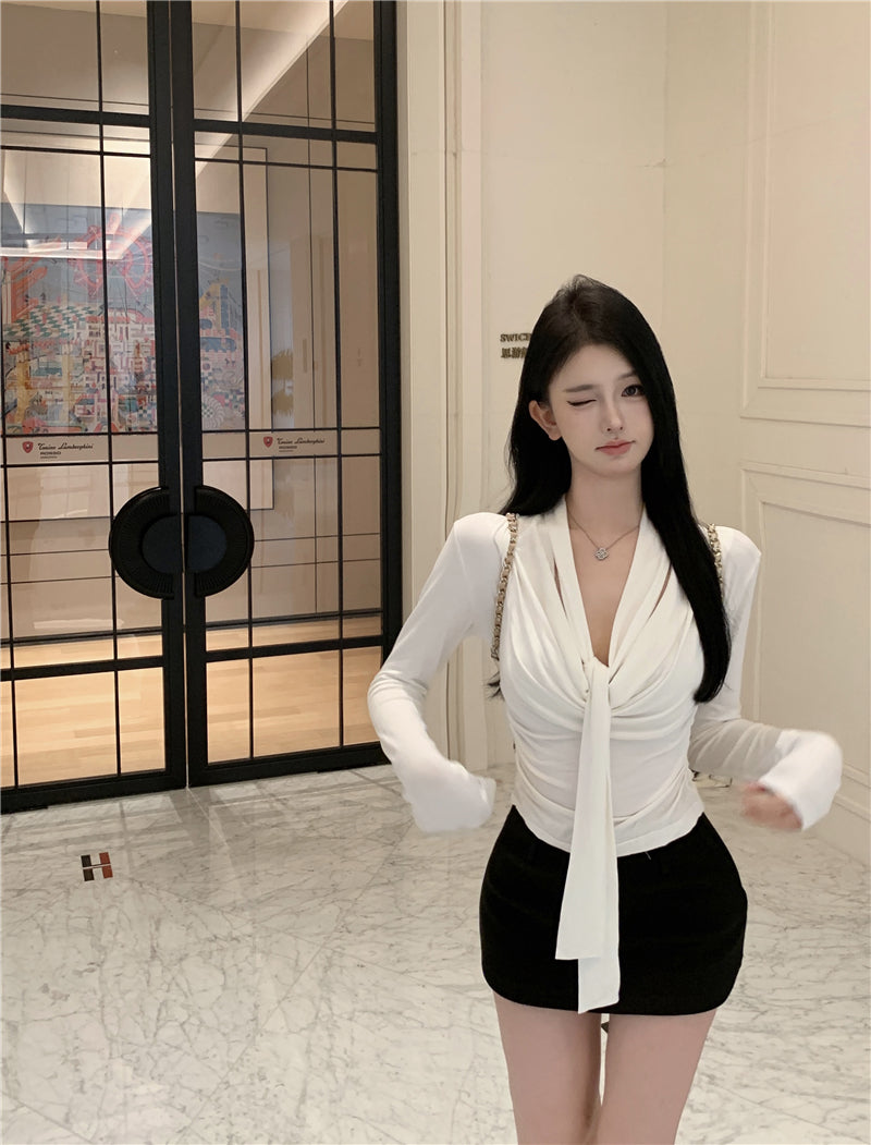 💕韓系設計感褶皺盪領飄帶長袖打底衣