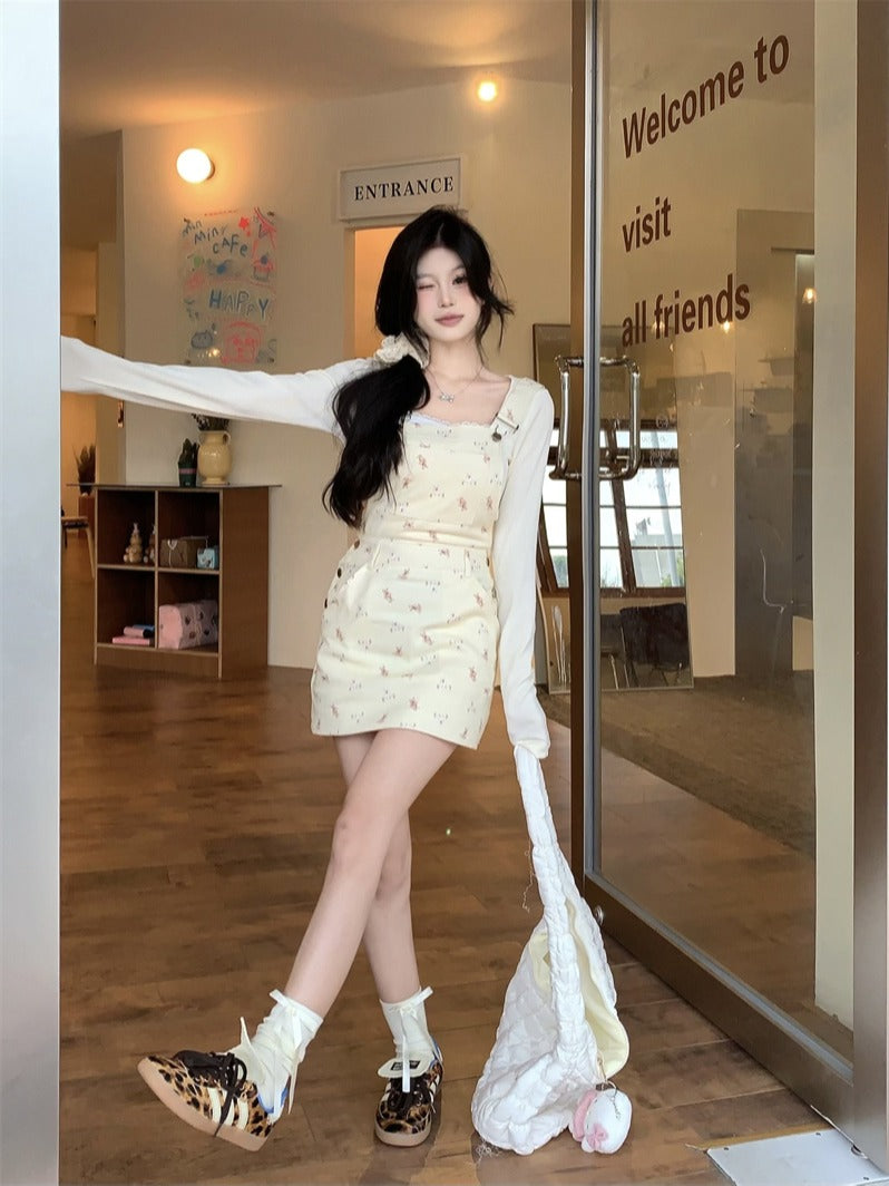 💕chic溫柔可愛韓系碎花吊帶裙套裝