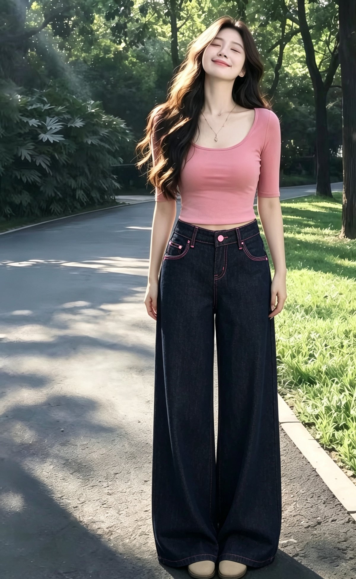 💕氣質設計感粉色線復古闊腿牛仔直口褲