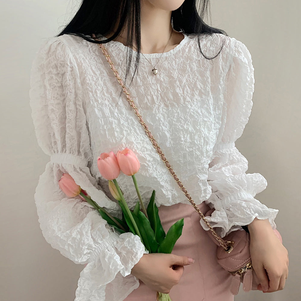💕溫柔chic韓系泡泡皺褶圓領燈籠袖襯衫