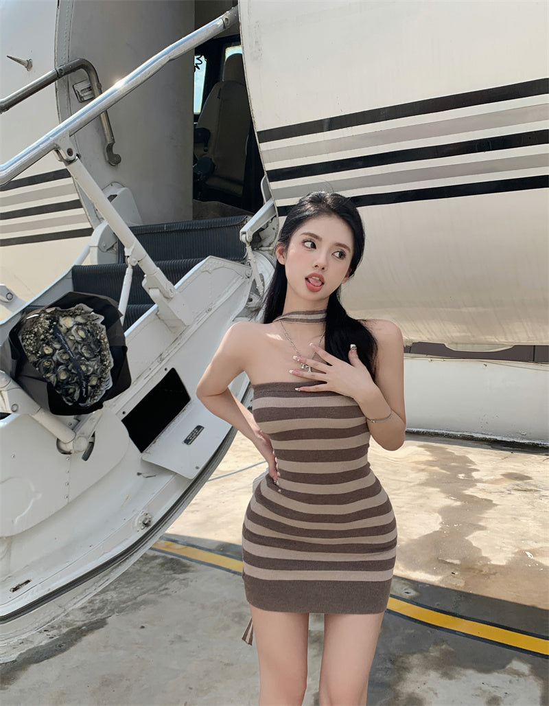 💕休閒條紋撞色親膚薄款針織抹胸連衣裙