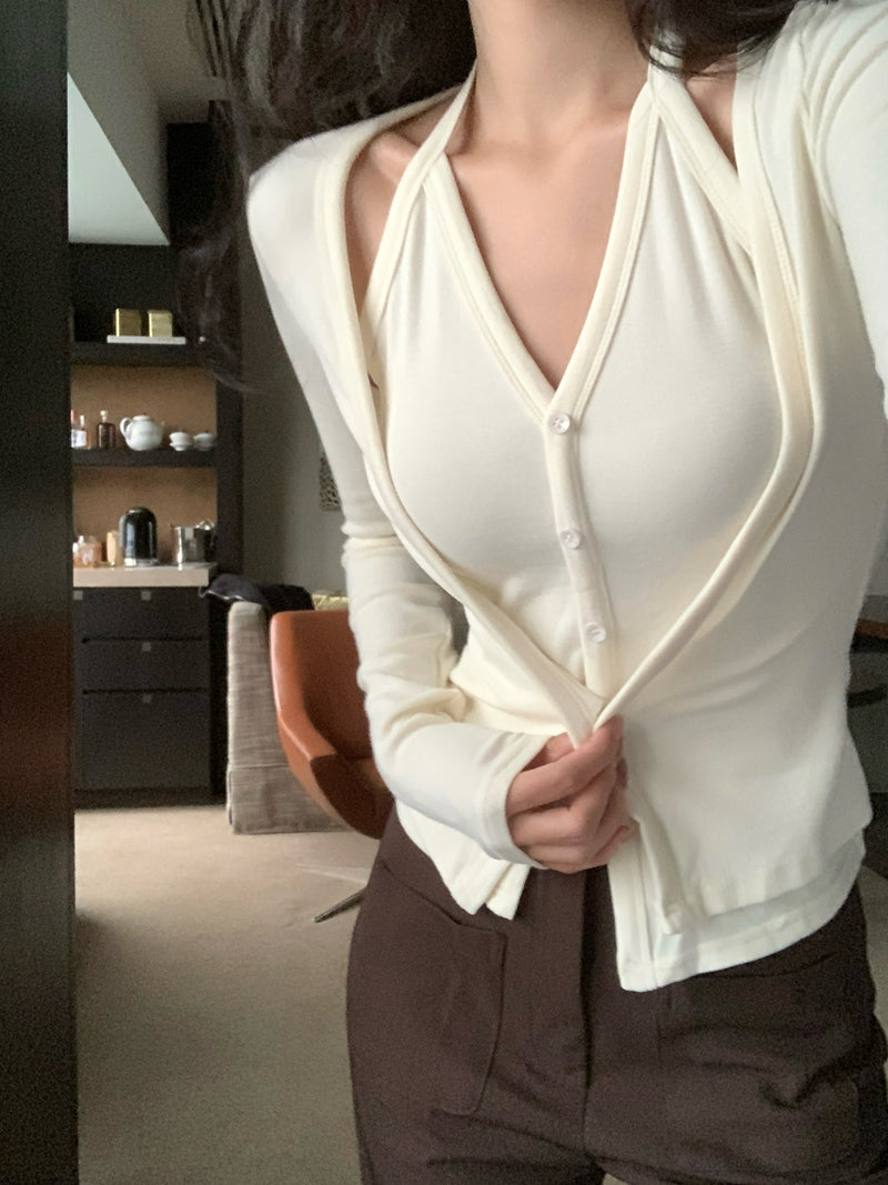💕秋冬性感吊帶掛脖顯瘦假兩件打底上衣