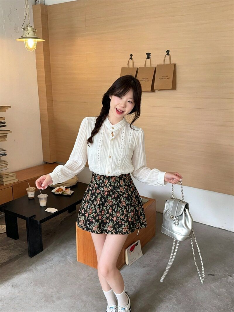 💕法式泡泡袖襯衫碎花半身裙小個子兩件套