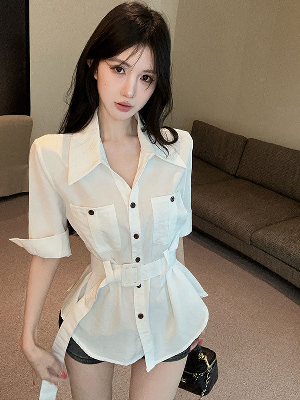 💕港風時尚polo領多口袋七分袖襯衫+腰帶