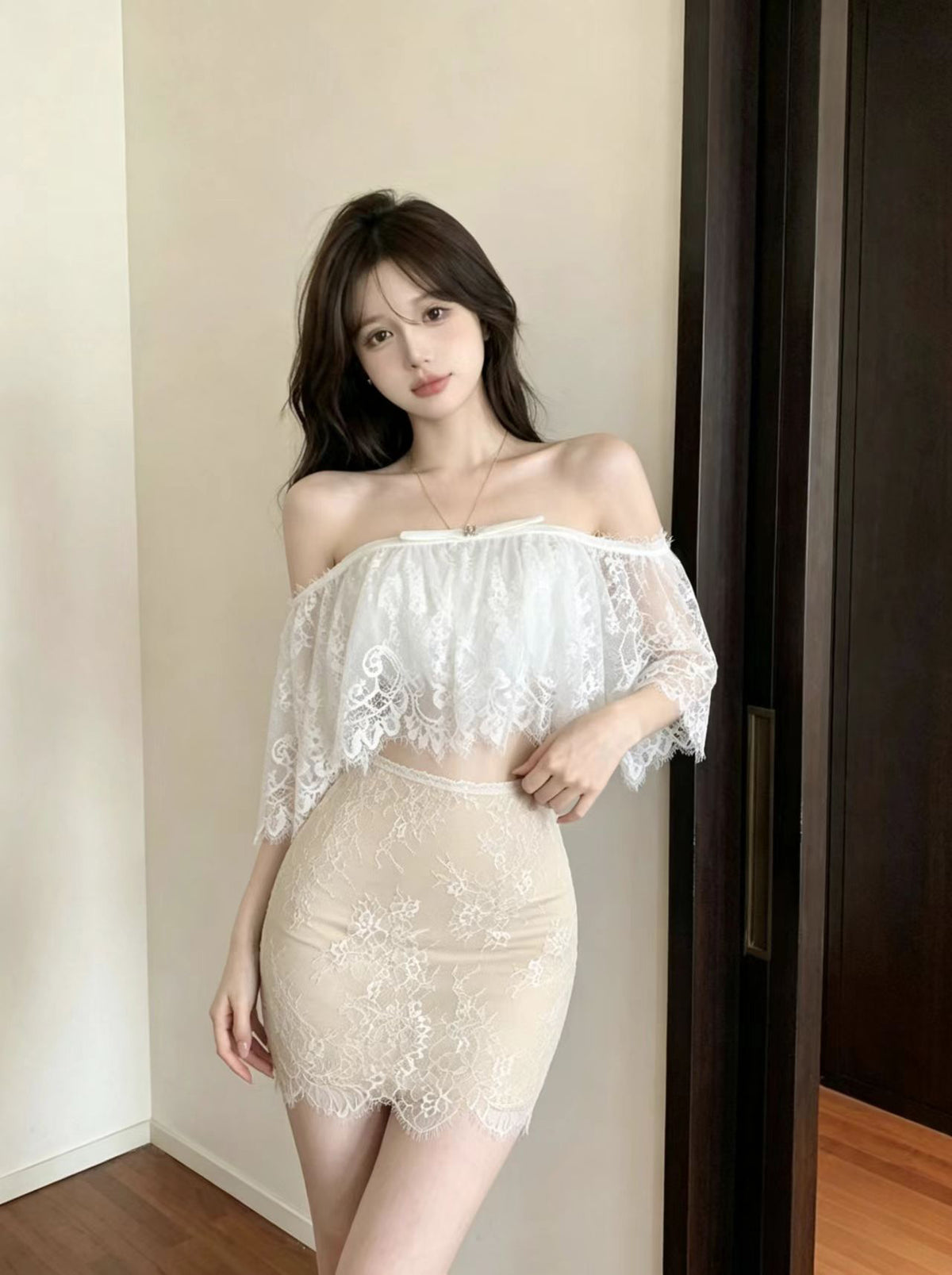 💕絕美白色蕾絲抹胸上衣配高腰包臀短裙套裝