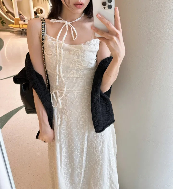 💕ihs系溫柔蕾絲性感露背鬆緊系帶收腰吊帶長裙