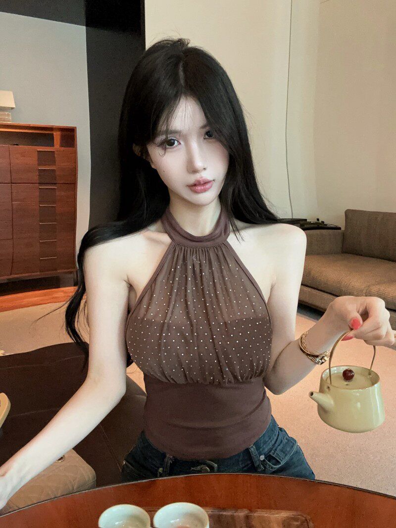 💕掛脖網紗高腰露背燙鑽抹胸單品