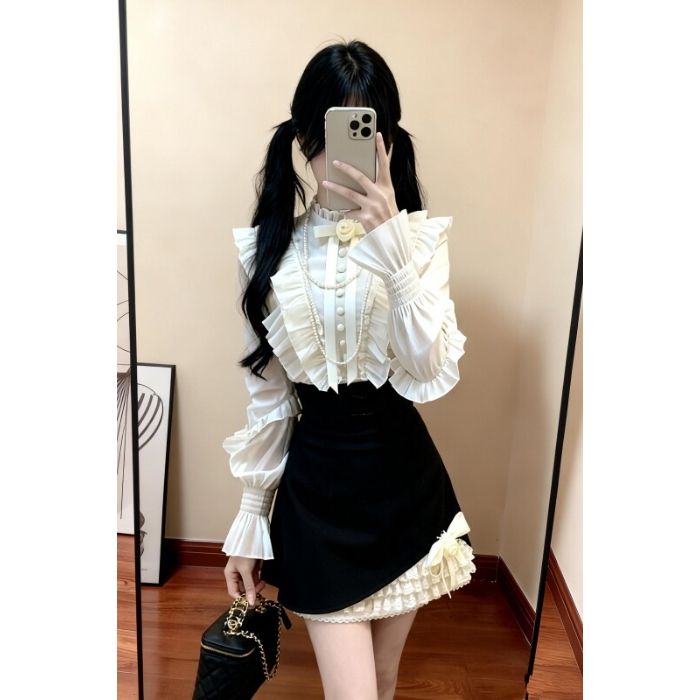 💕chic韓系富家千金氣質襯衫半身裙兩件套