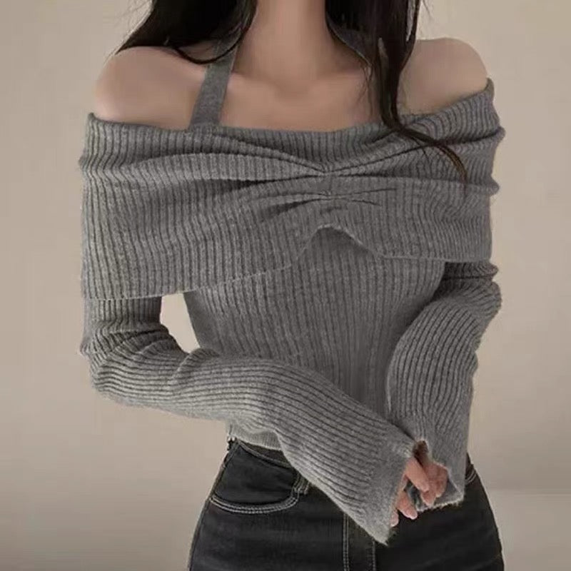 💕秋冬露肩掛脖喇叭袖針織毛衣