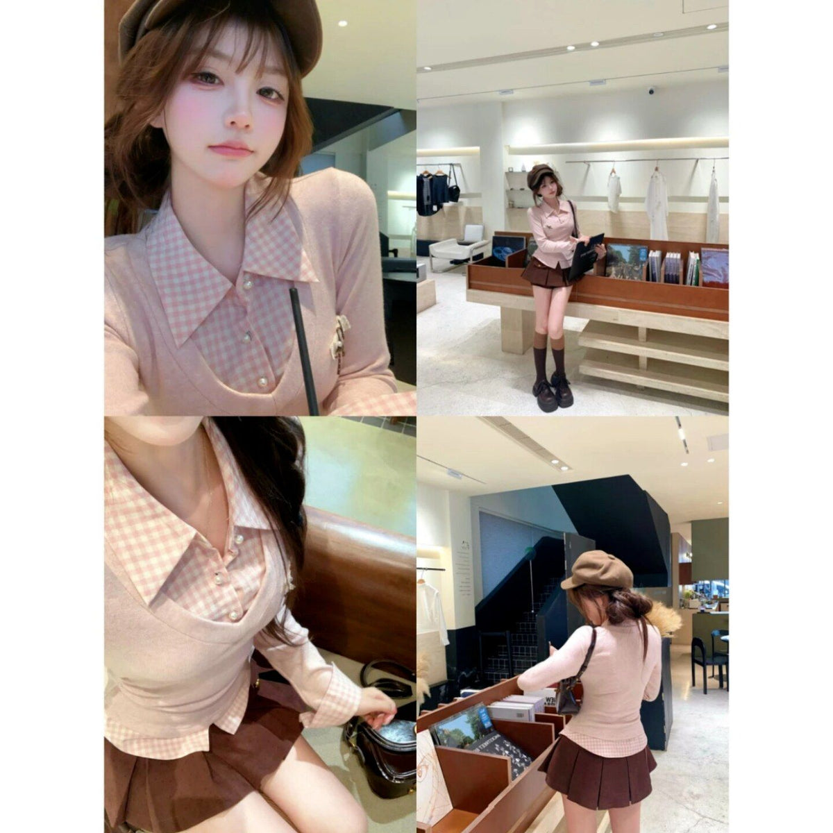 💕秋季修身甜美假兩件襯衫上衣+半身裙套裝