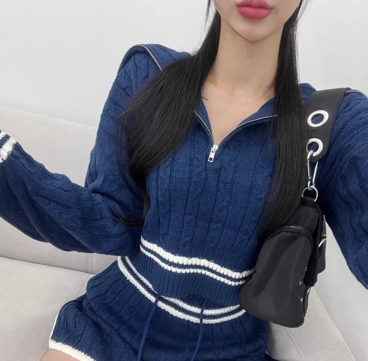 💕chic韓系秋冬簡約翻領毛衣兩件套