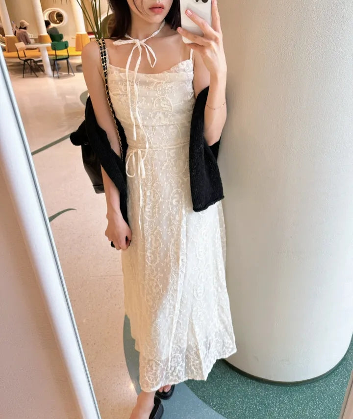 💕ihs系溫柔蕾絲性感露背鬆緊系帶收腰吊帶長裙
