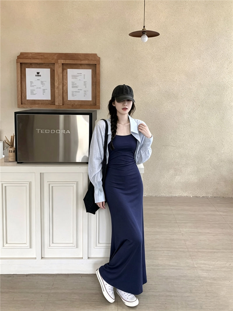 💕百搭休閒清透感藍色開衫連衣裙兩件套