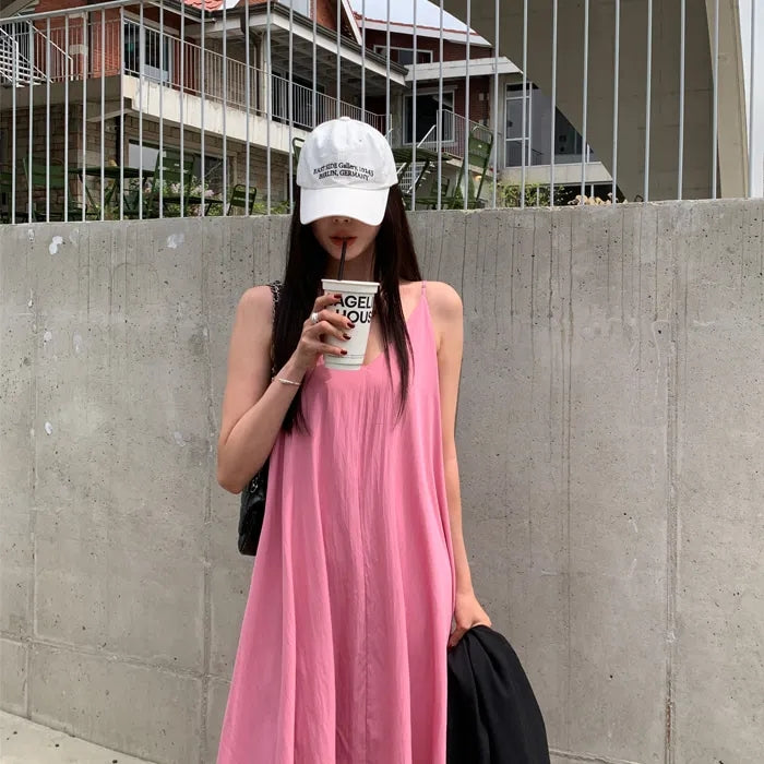 💕韓系氣質V領慵懶露背休閒度假長裙