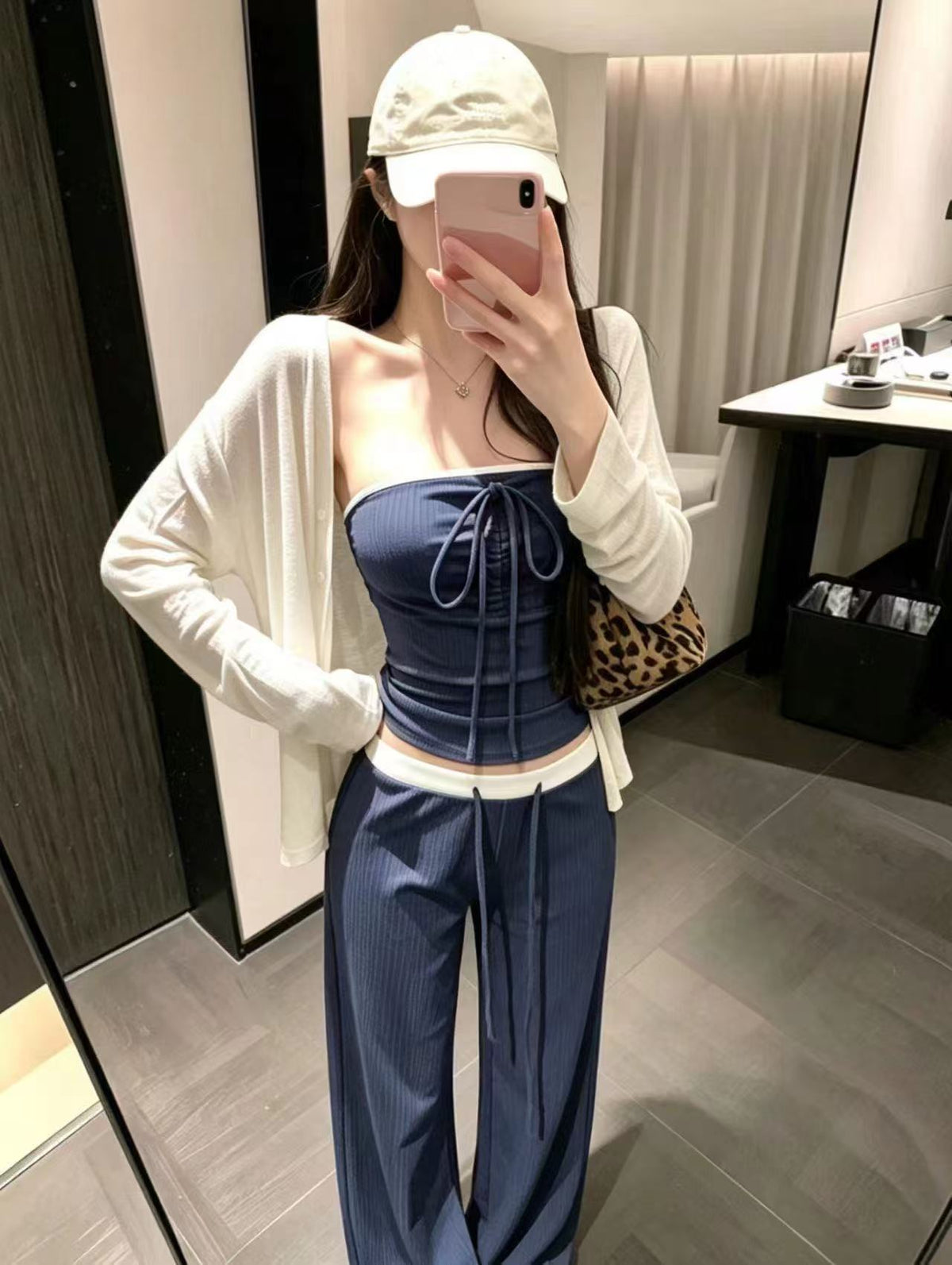 💕時尚慵懶感輕薄開衫抽繩抹胸三件套
