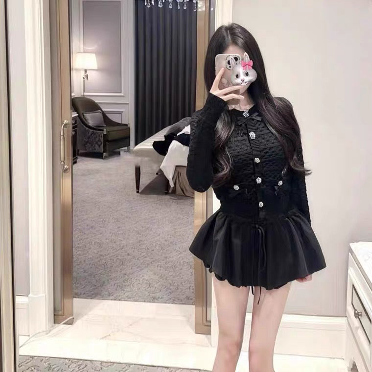 💕chic重工提花鏤空白色鑽扣長袖蝴蝶結上衣