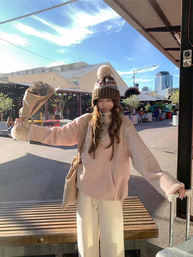 💕甜美軟糯粉色羊羔毛格紋拼接立領外套
