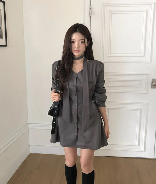 💕ins系V領圍脖系帶收腰單排扣西裝連衣裙
