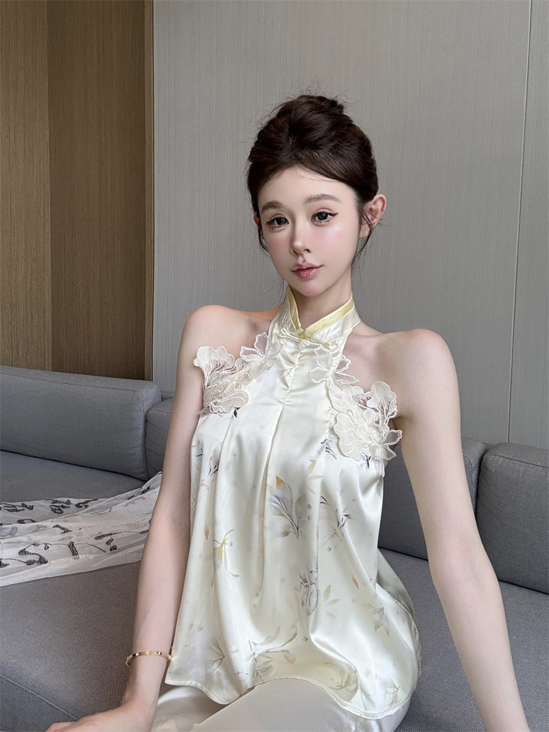 💕新中式千金立體花辮掛脖背心上衣