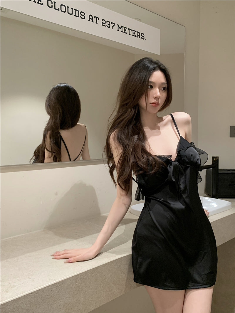 💕夜晚戰袍性感V領吊帶背心蝴蝶結睡衣裙