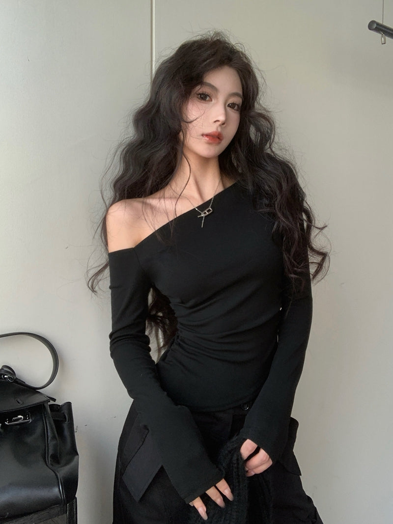 💕純欲性感不規則露肩黑色長袖斜肩上衣
