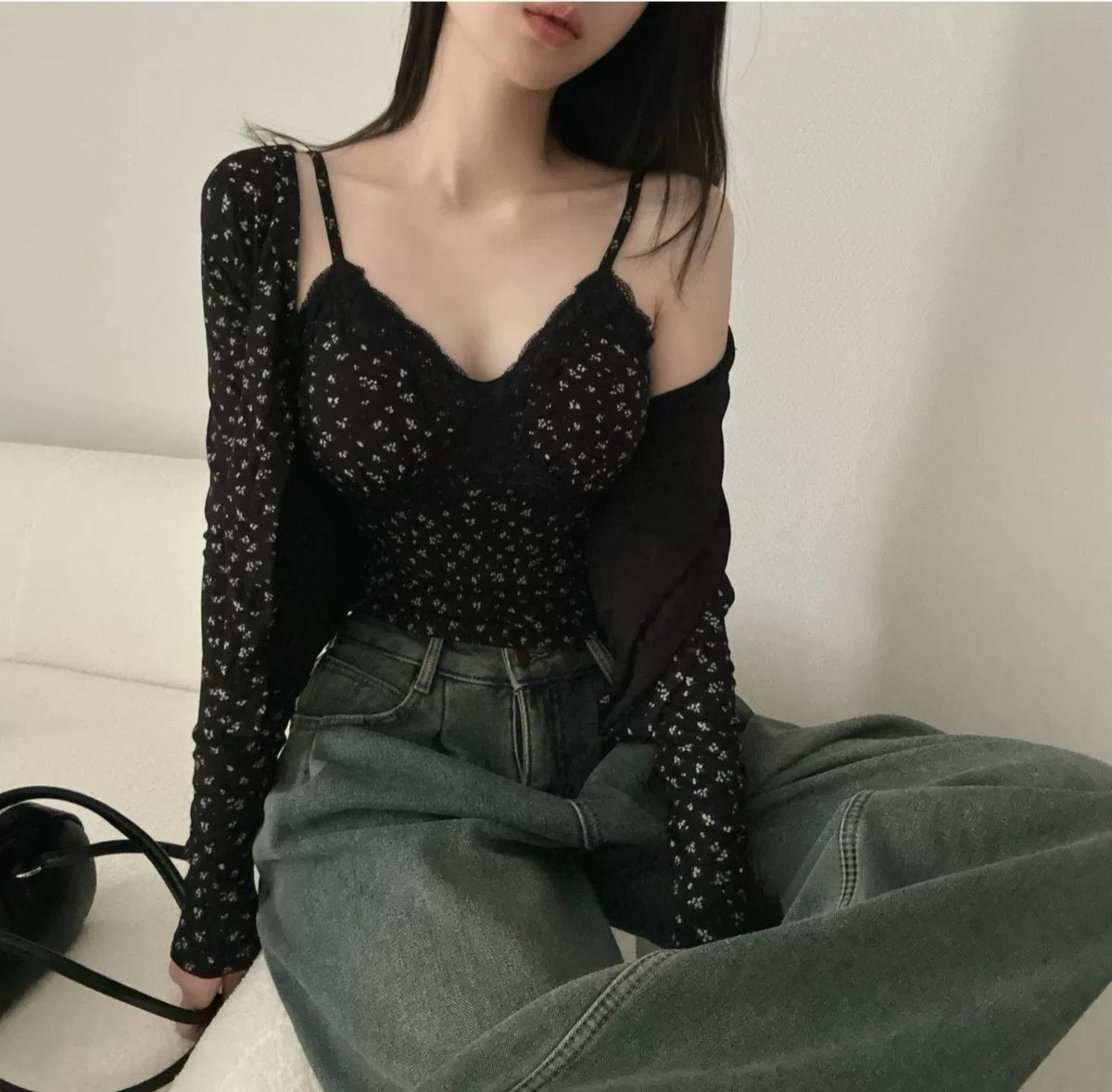 💕溫柔清純碎花蕾絲拼接吊帶上衣