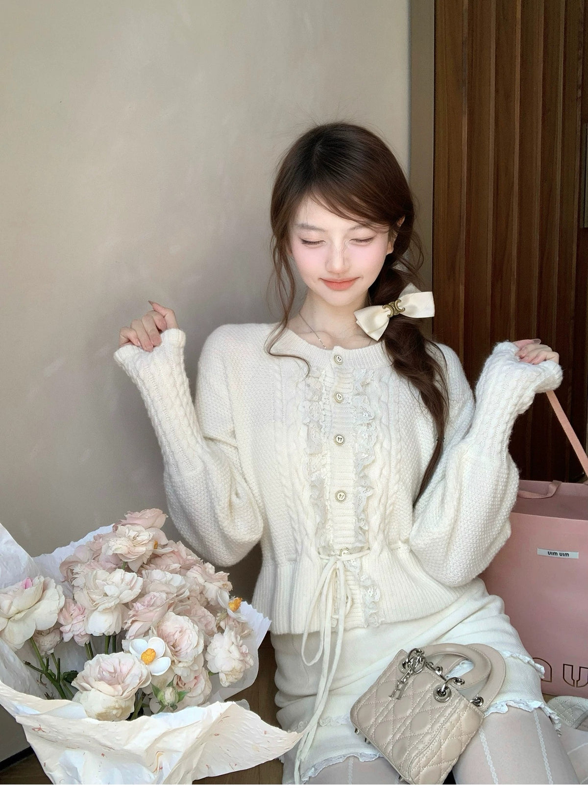 💕繁華勾花宮廷千金感花邊系帶毛衣外套