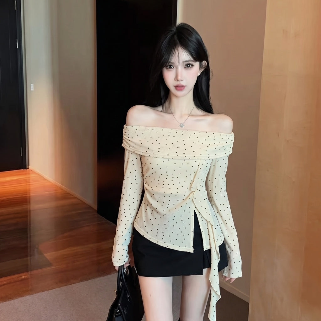 💕氣質杏色點點一字肩顯瘦不規則長袖上衣