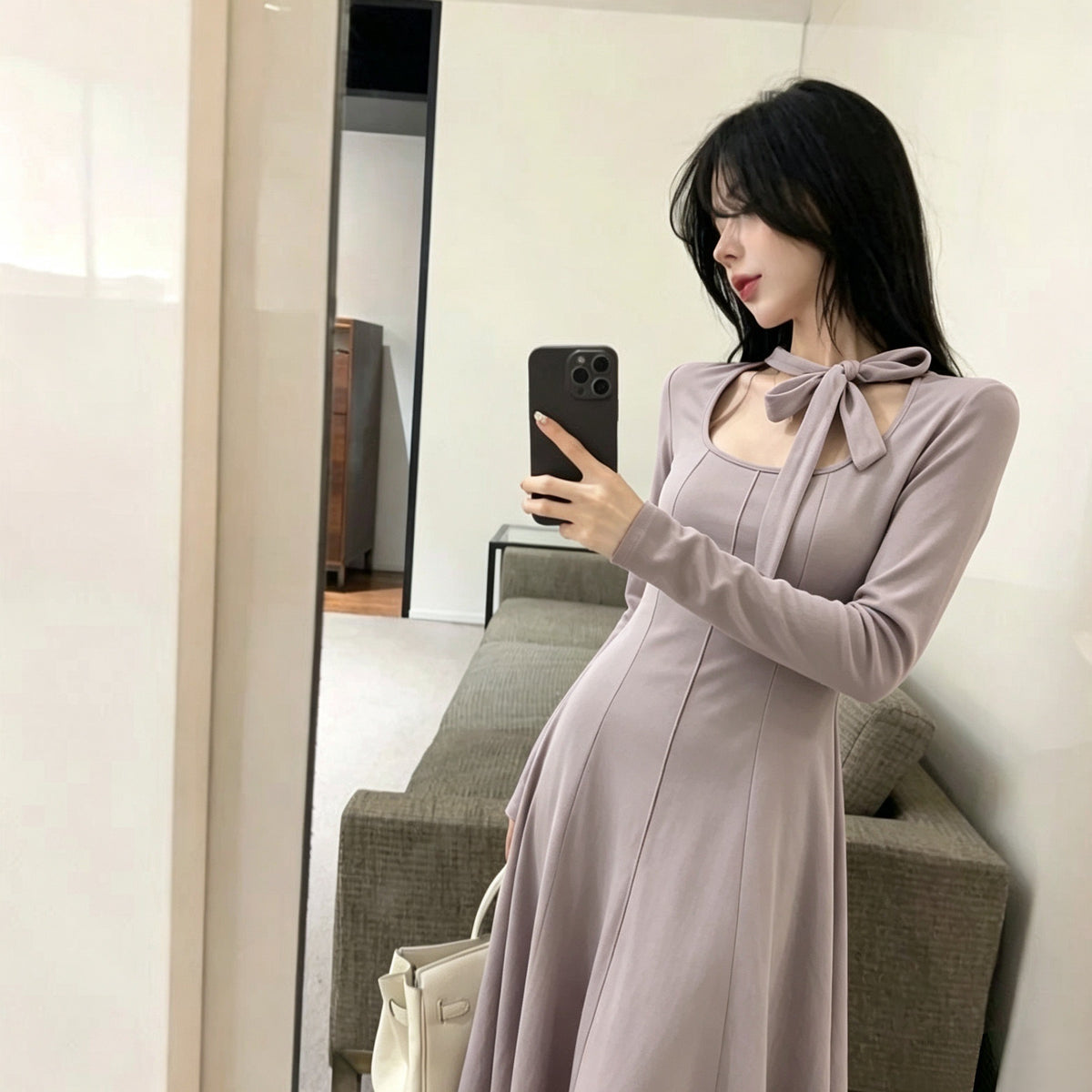 💕秋冬韓系輕熟風方領長袖系帶顯瘦連身裙