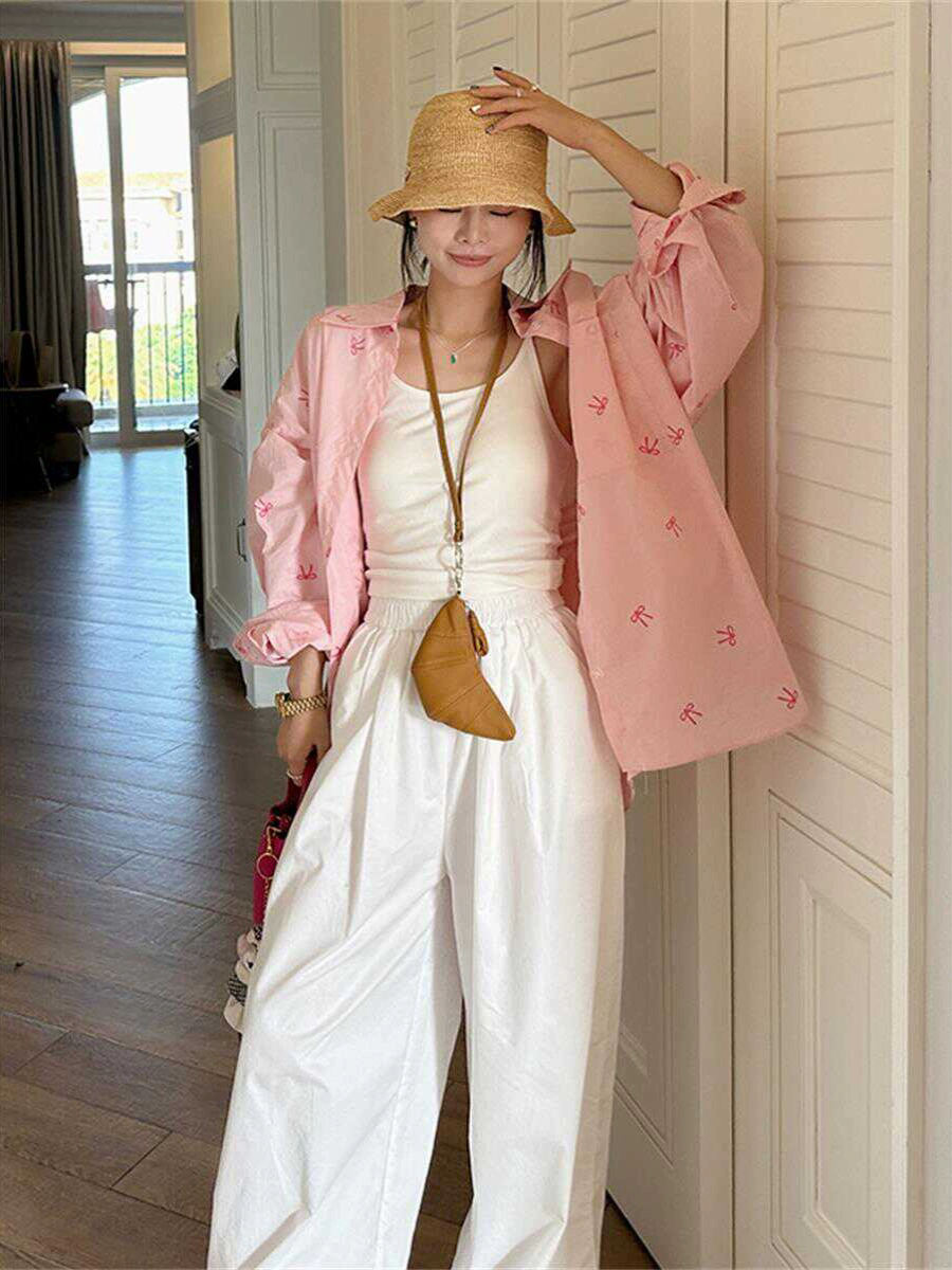 💕春夏可愛粉色蝴蝶結印花防曬襯衫外搭
